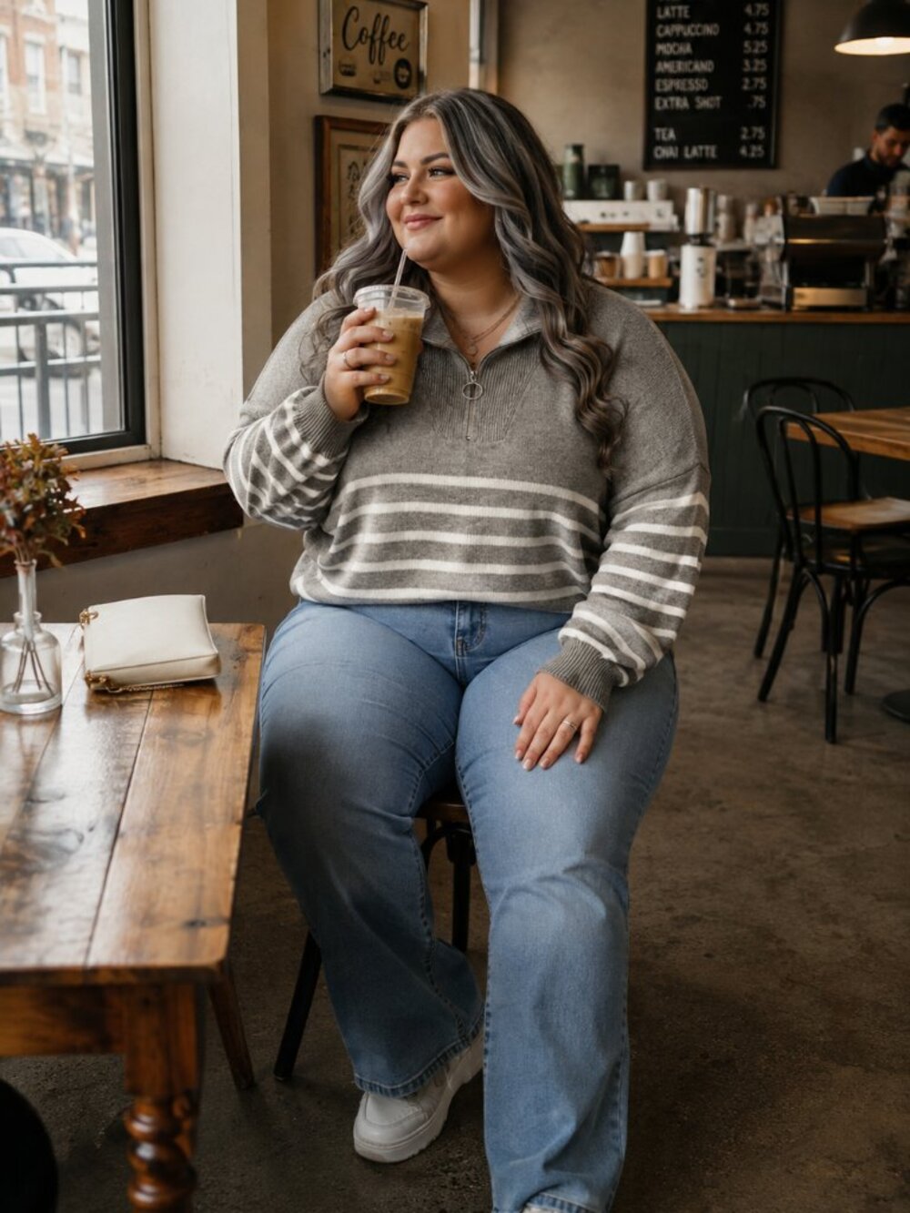 78 & Sunny Gray White Striped Preppy Collegiate Quarter Zip Sweater 2X Plus Size